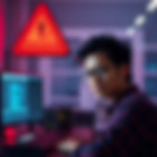 A person looking worried while checking a computer for online scams, with a warning sign in the background