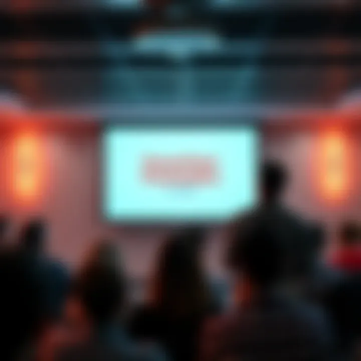 A person presenting with a PowerPoint slide on a screen, engaging the audience in a conference room