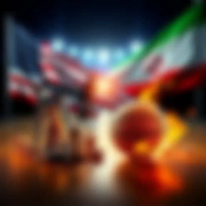 A graphic showing rising oil prices and basketball elements, with US-Iran flags in the background.