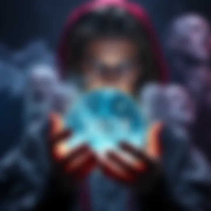 A medium gazes into a crystal ball, revealing price predictions for the year 2028, surrounded by swirling mist.