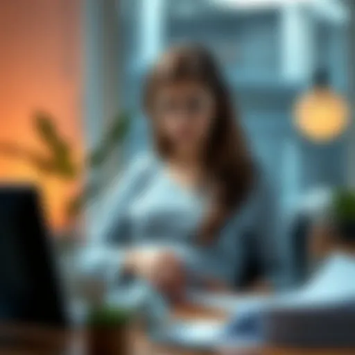 Pregnant woman looking stressed at her desk amid job security concerns