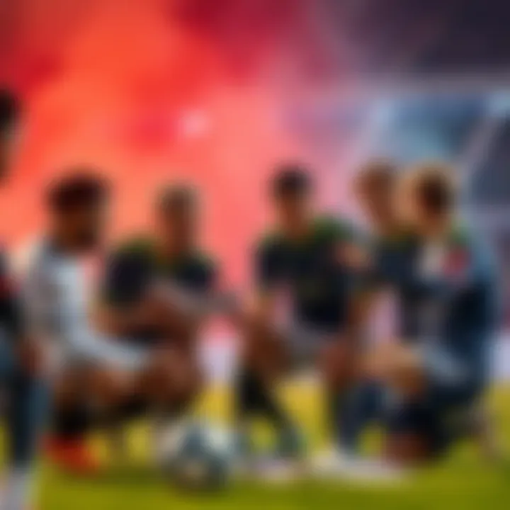 Premier League Squad Building A group of soccer players discussing strategies to build a competitive Premier League squad, with charts and player cards around them.