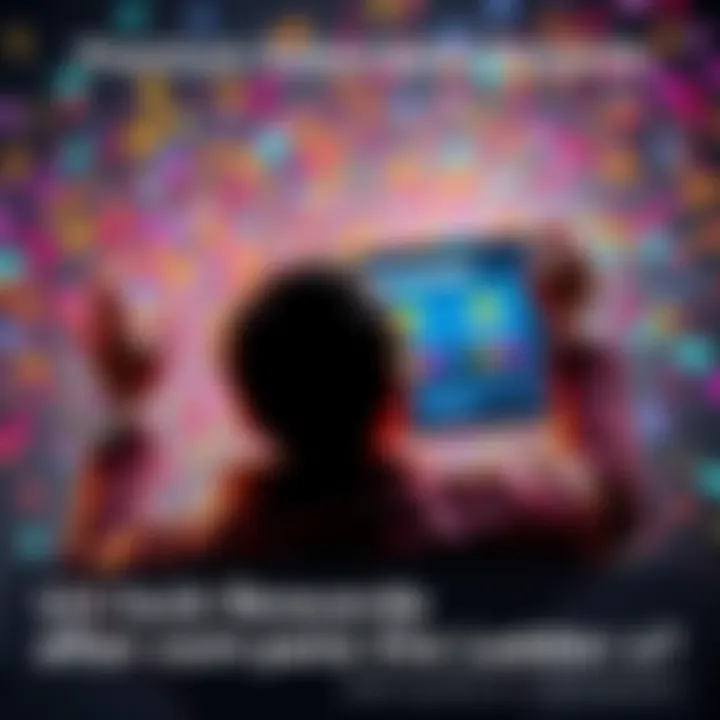 A person celebrating after completing a challenge, holding a screen displaying premium rewards, colorful confetti in the background