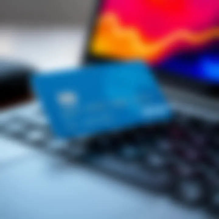 A close-up of a pre-paid credit card placed on a laptop keyboard, symbolizing safe online payments in Europe.