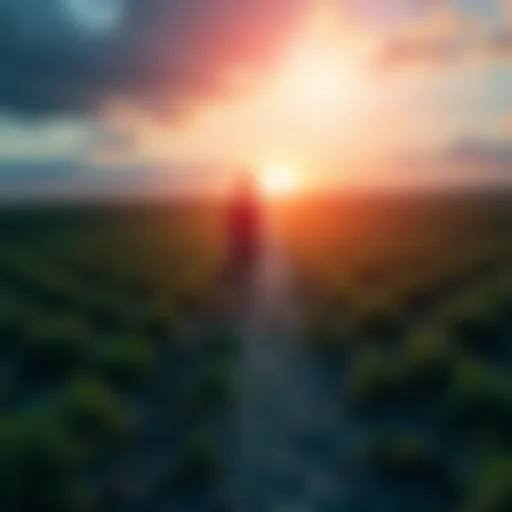 A person standing on a path with tools, looking toward a bright horizon, symbolizing preparation and future success.