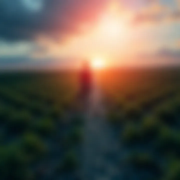 A person standing on a path with tools, looking toward a bright horizon, symbolizing preparation and future success.