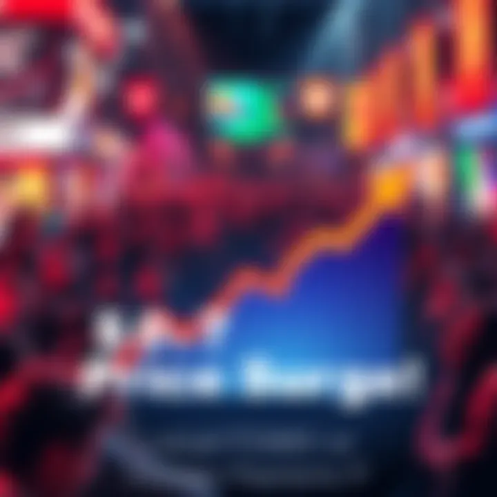 Price Surge Concept A graph showing a significant price increase with arrows pointing upward and a worried crowd in the background, symbolizing retail FOMO.