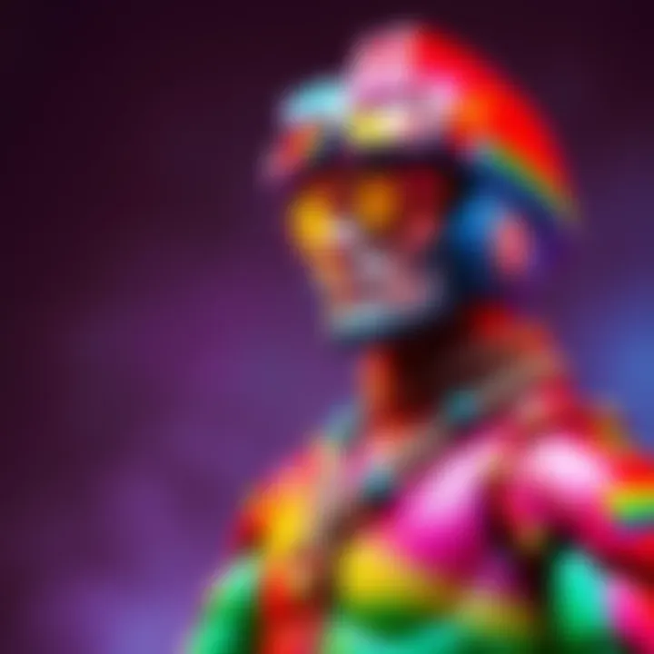 A colorful action figure representing Pride Man, showcasing vibrant colors and unique accessories, emphasizing diversity and LGBTQ pride.