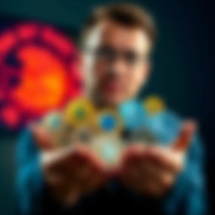 A person holding several icons of different privacy coins with a thoughtful expression, representing interest in cryptocurrency diversification.