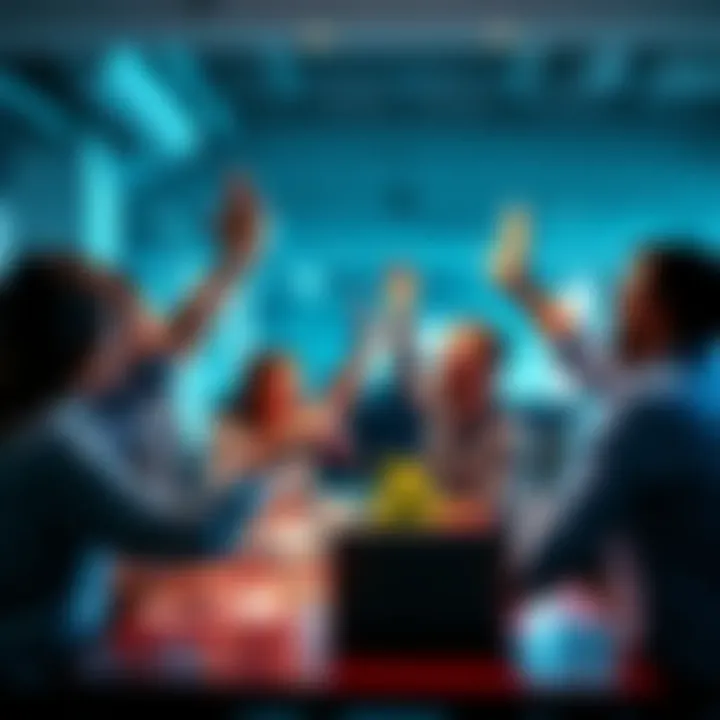 A team celebrates reaching a project milestone with high-fives and smiles in an office setting.