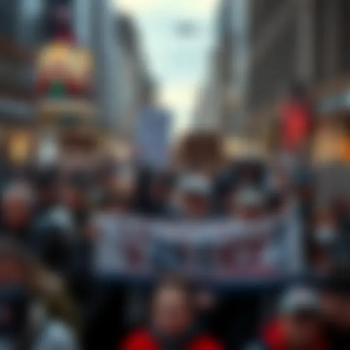 Crowd of people protesting against violence in a city street, holding signs and banners expressing their concerns.