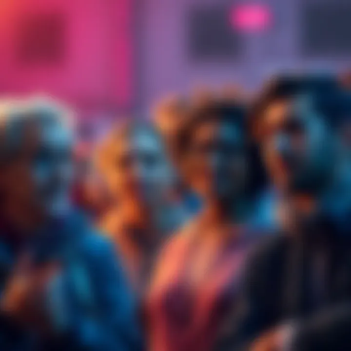 A diverse group of people discussing cryptocurrency with enthusiasm and skepticism in their expressions.