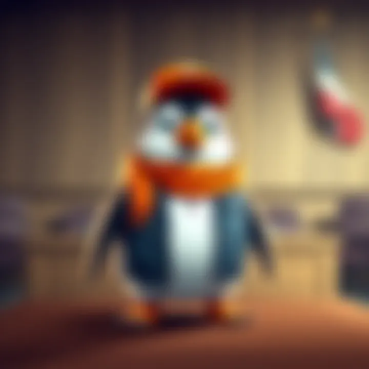 A cartoon penguin wearing trendy apparel stands in front of a courtroom, representing the Pudgy Penguins trademark lawsuit.