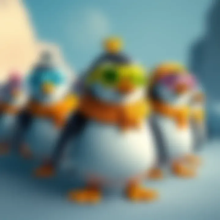 A group of cartoonish penguins wearing colorful accessories representing the Pudgy Penguins brand in a digital art style.