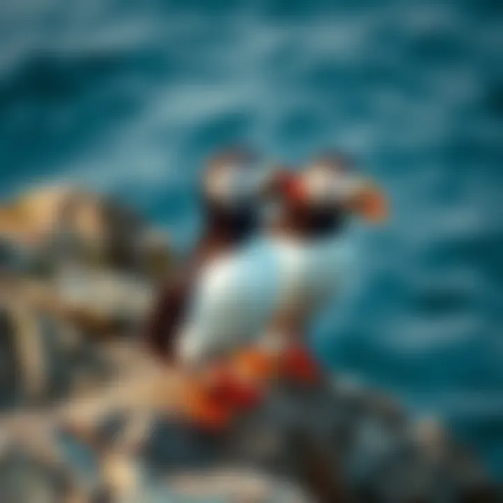Puffins on a rocky shore Two puffins standing on a rocky cliff by the ocean, highlighting the conservation debate over their potential ban