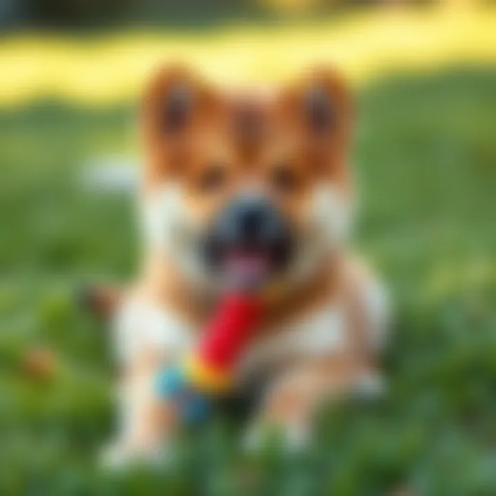 A playful five-month-old puppy, a mix of Chow Chow and German Shepherd, happily chewing on a toy while sitting on a grassy lawn.
