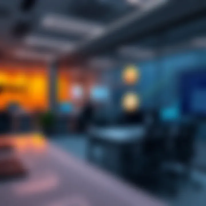 A PwC office with cryptocurrency symbols and charts showing growth.