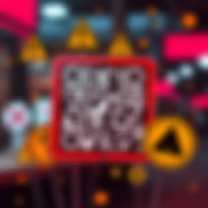 A fake QR code surrounded by caution symbols, warning people about potential scams.