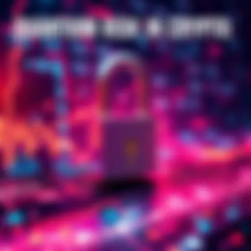 A visual representation of quantum computing threatening cryptocurrency, featuring a digital lock and a blockchain background.