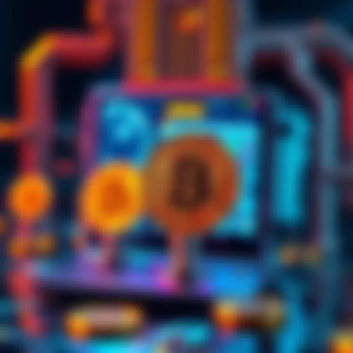 A visual representation of a quantum computer with Bitcoin symbols being affected by its technology.