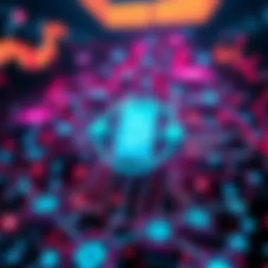 A visual representation of quantum computing symbols interacting with blockchain elements, showing a transition from old cryptographic methods to new secure standards.