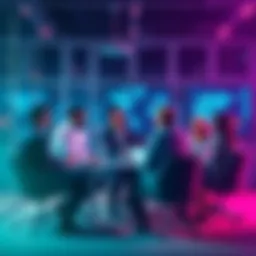 A group of people discussing quantum computing concepts in a modern office setting.