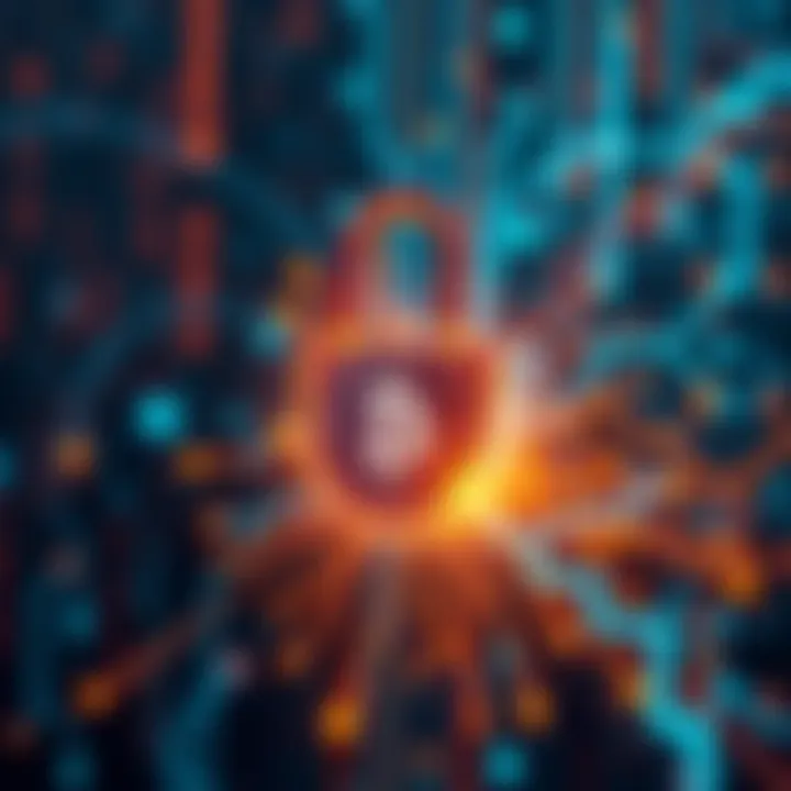 A visualization of quantum computing technology affecting cryptocurrency security, featuring a digital lock and abstract data streams.