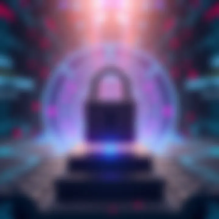 A digital representation of quantum-resistant technology, showing a secure ledger with a lock symbol and binary code in the background, illustrating privacy in a digital environment.