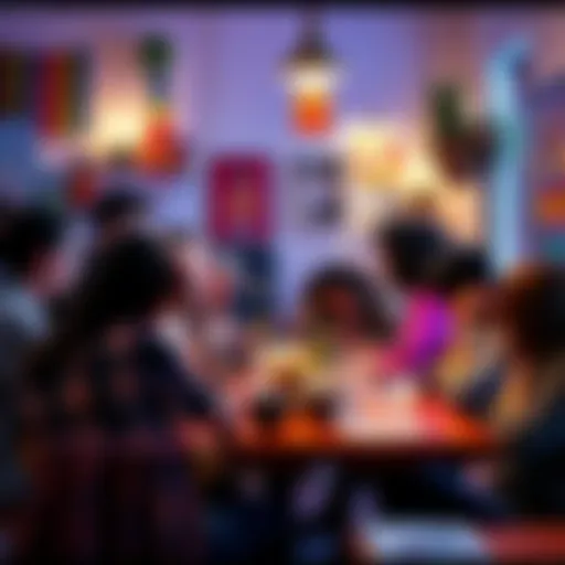 A diverse group of people enjoying arts and crafts activities in a cozy space, surrounded by colorful decorations and artwork.