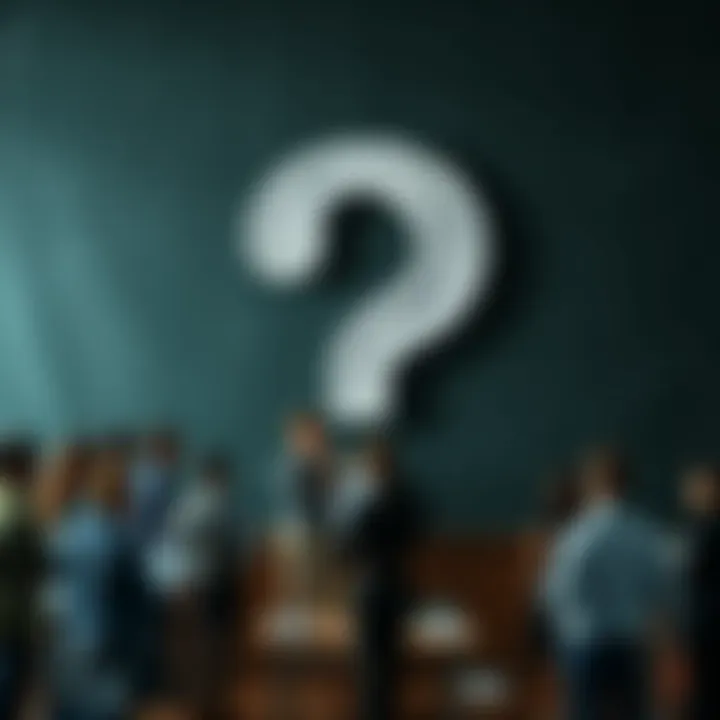 A large question mark on a chalkboard with various people discussing around it.