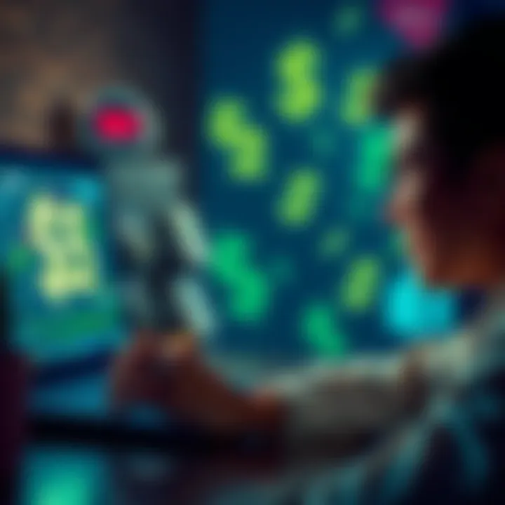 A person looking at a laptop with dollar signs on the screen, focusing on KYC opportunities, and feeling excited about earning money.