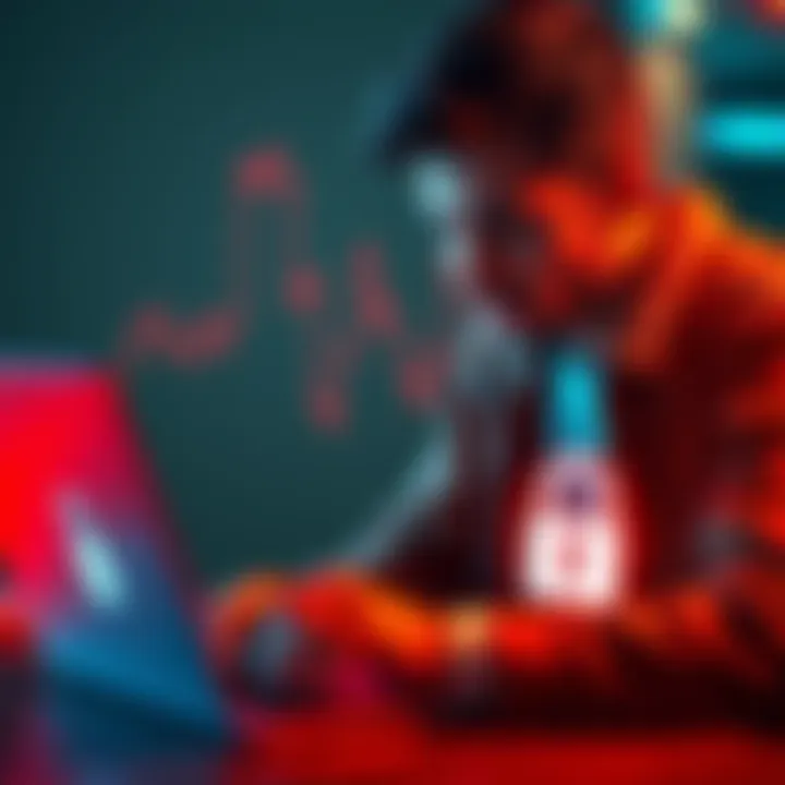 A person looking worried while checking their cryptocurrency wallet on a laptop, with a digital lock symbol overlay