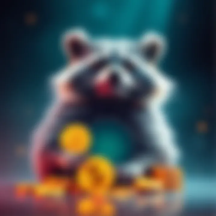 Raccoon Symbolizing Jimothy Investment A raccoon with digital coins representing Jimothy on the Solana blockchain, reflecting the investment buzz around it.
