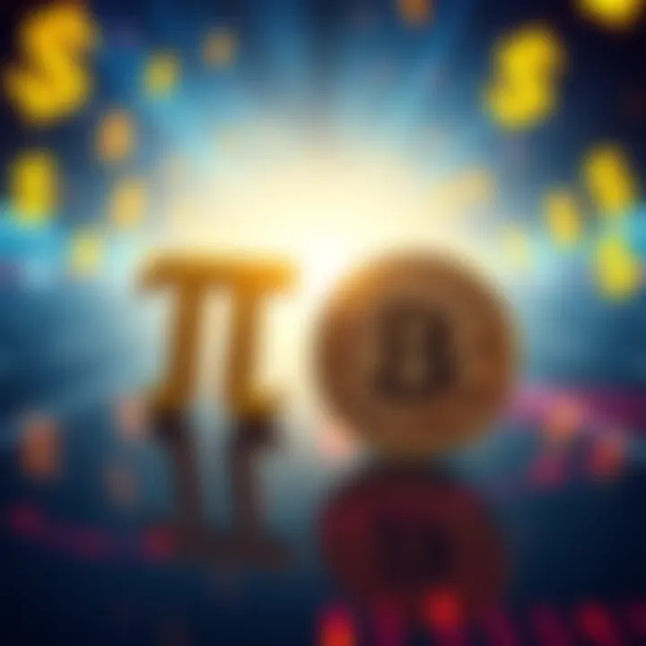 A digital graphic showing Pi and Bitcoin racing towards milestones with dollar signs in the background
