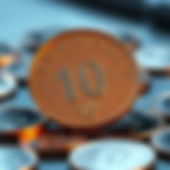A close-up of a unique 10th Anniversary Toonie displaying its special design and details, placed on a flat surface with other coins around it.