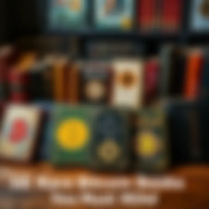 A collection of 10 rare Bitcoin books arranged on a wooden table, showcasing unique covers and titles relevant to cryptocurrency.