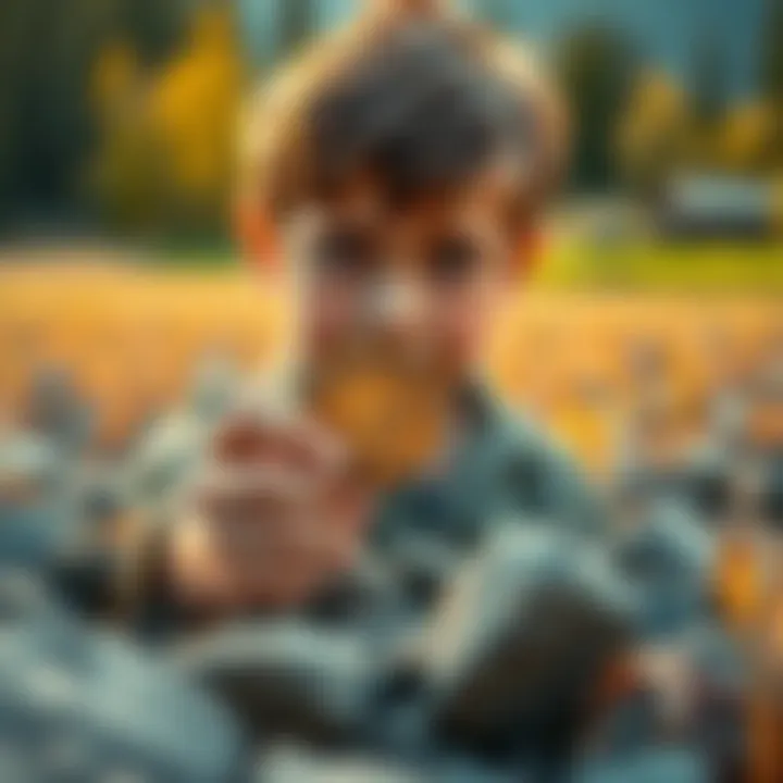 A young boy holding a rare Canada 1 cent coin dated 1859, surrounded by rocks in a farmer's field.