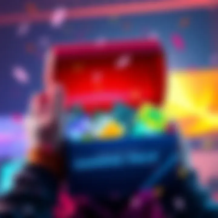 Rare Gaming Pack A player excitedly opening a gaming pack, revealing various colorful items inside, showcasing different tiers of rarity.