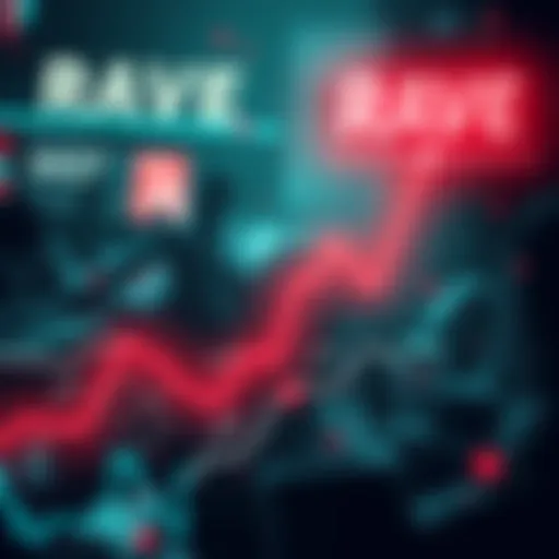 A graph showing a steep decline in the value of RAVE cryptocurrency, with a background depicting market chaos and uncertainty.