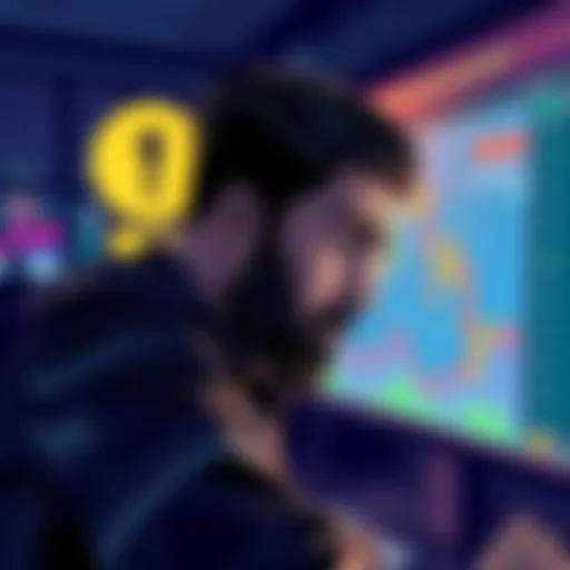 A graph showing Ravencoin's price falling below one cent with a worried investor looking at a screen