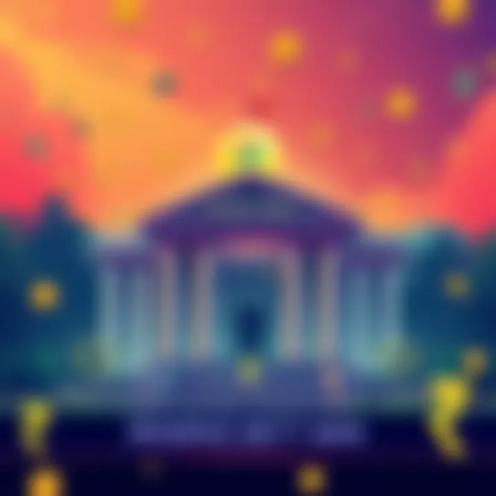 An illustration of the Reserve Bank of India building with digital currency symbols surrounding it, indicating the discussion on cryptocurrency and the upcoming digital rupee announcement.