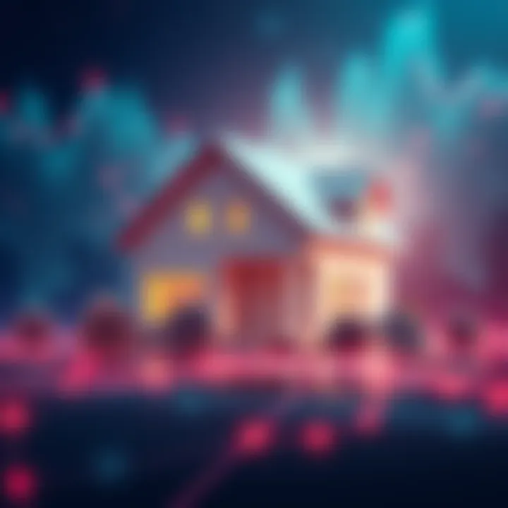 A digital graphic showing a house with blockchain symbols, representing a quick real estate transaction.