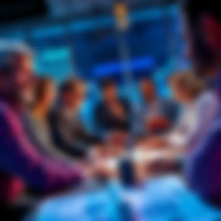 A group of diverse business professionals discussing investment strategies around a table with charts and graphs.