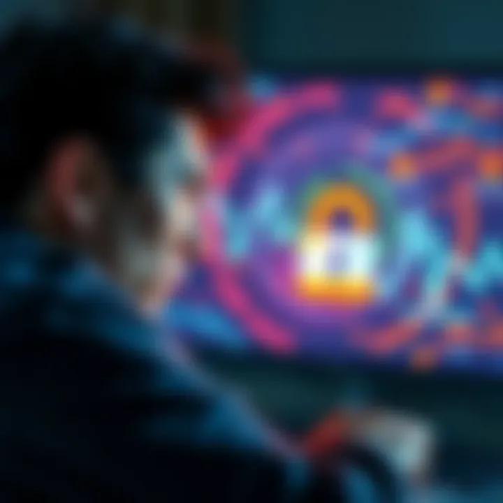 A person stressed while trying to recover their Wallet.dat password, with a computer screen showing a lock icon and Bitcoin graphics in the background.