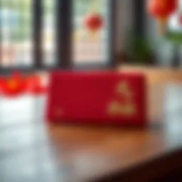 A red packet displayed on a wooden table with a gentle light, symbolizing community generosity.