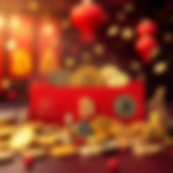 A red packet filled with symbols of various investment opportunities like stocks and coins