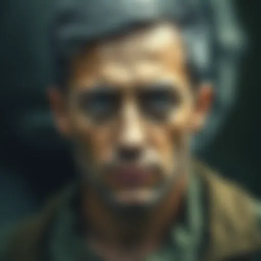 Young man Reed showing grey temples, giving him a mature look despite his youthful face and eyes, symbolizing his war experiences.