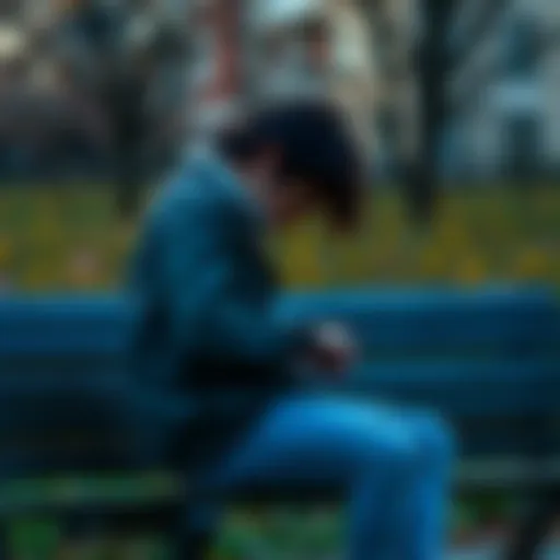 A person sitting on a bench with their head down, deep in thought, surrounded by nature, symbolizing mental health awareness and emotional reflection.