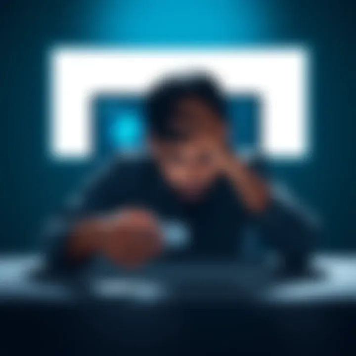 A buyer frustrated while checking refund status on a laptop, with images of Bitcoin and TRC-20 USDT logos displayed on the screen