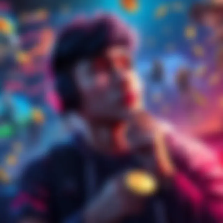 A gamer contemplating reinvesting their earnings into Battle Passes, surrounded by game graphics and coins